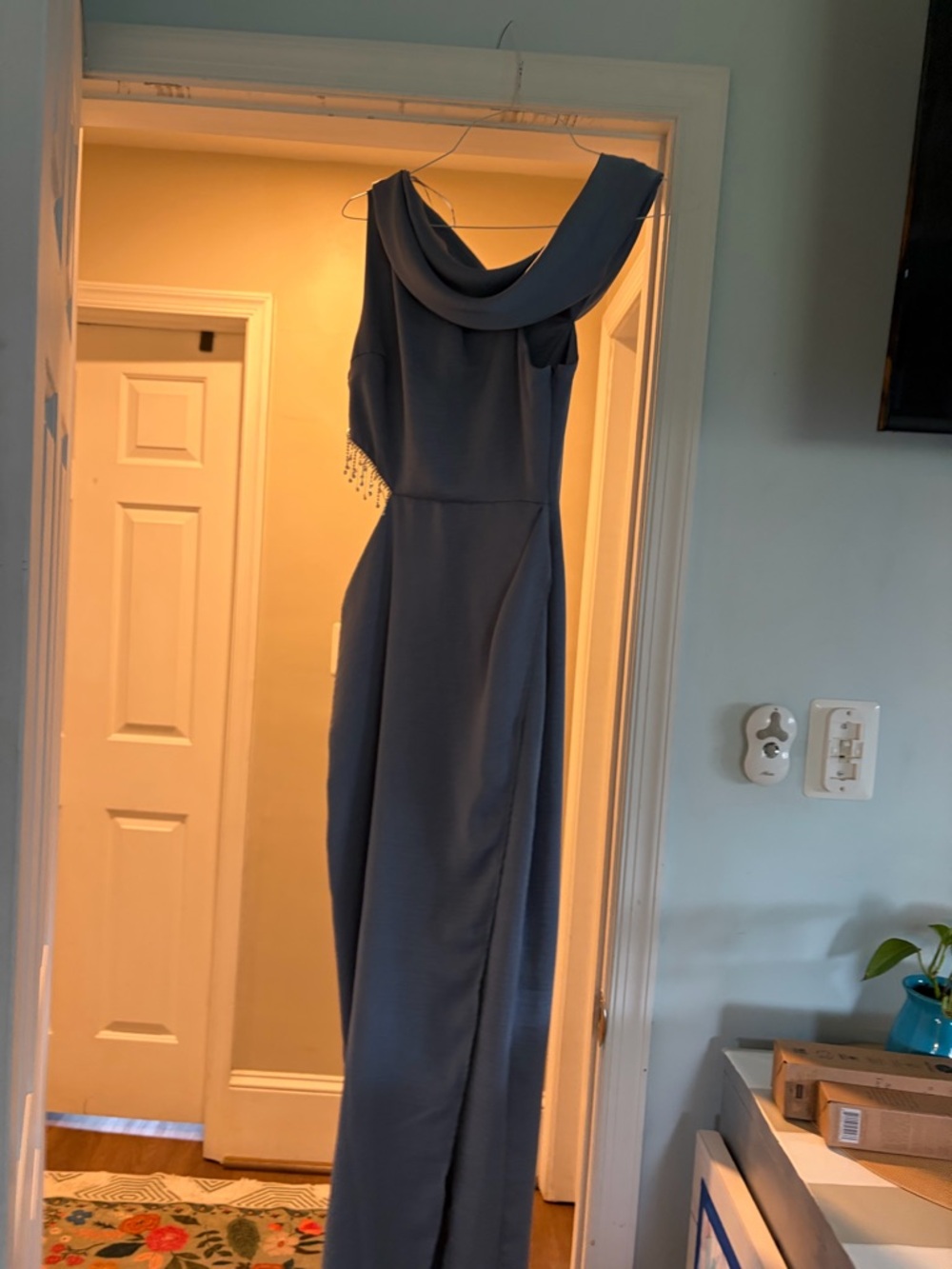 ASOS Blue One-Shoulder Evening Gown with Draped Neckline